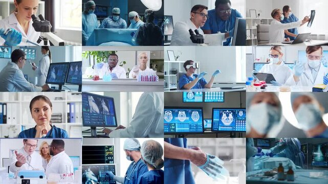 Collection of images featuring medical professionals and scientist in lab and surgery, highlighting teamwork, innovation, and advanced healthcare technology.