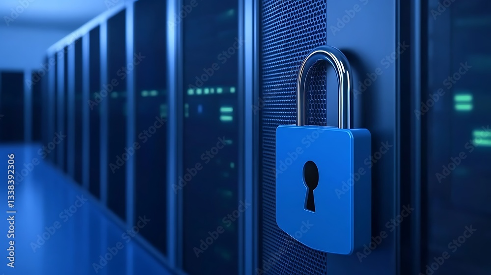Poster secure digital environment with lock symbolizing data protection and cybersecurity in modern server 