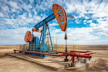 Fototapeta premium Oil pump jack in a desert landscape under a bright blue sky
