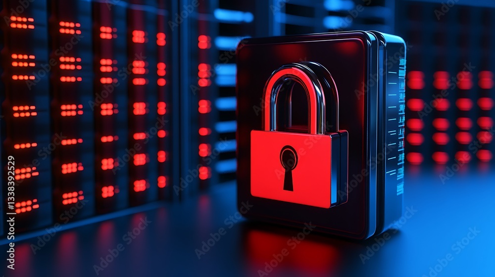 Poster secure digital lock in front of a server rack backlighted with red and blue lights for cybersecurity