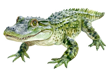 Obraz premium Watercolor Illustration of Green Caiman with Detailed Scales on Transparent Background Isolated Reptile Animal Artwork Wildlife South America
