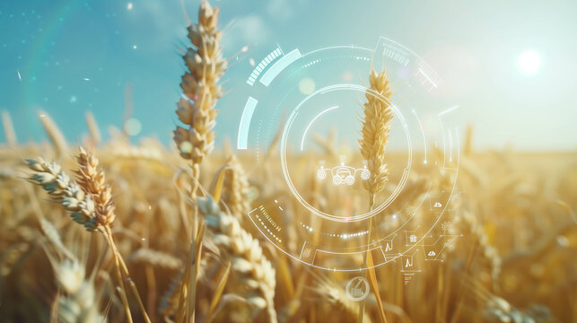 Futuristic digital interface over a golden wheat field, smart farming technology - Powered by Adobe