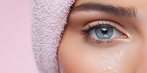 Closeup of a fresh, hydrated eye with a pink towel.