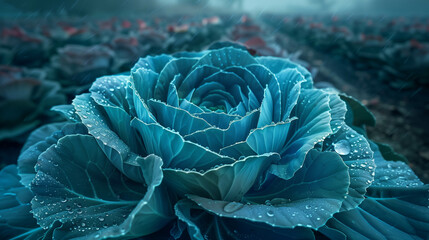 Fototapeta premium Surreal blue cabbage with morning dew in a dreamlike misty farm setting