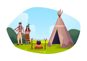 Native American traditional teepee village and indigenous people vector illustration, cartoon tribal hut Indian wigwam © sabelskaya