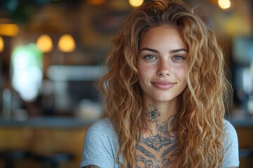 Obraz premium Young woman with curly hair and tattoos smiling warmly in a cozy cafe setting during the day