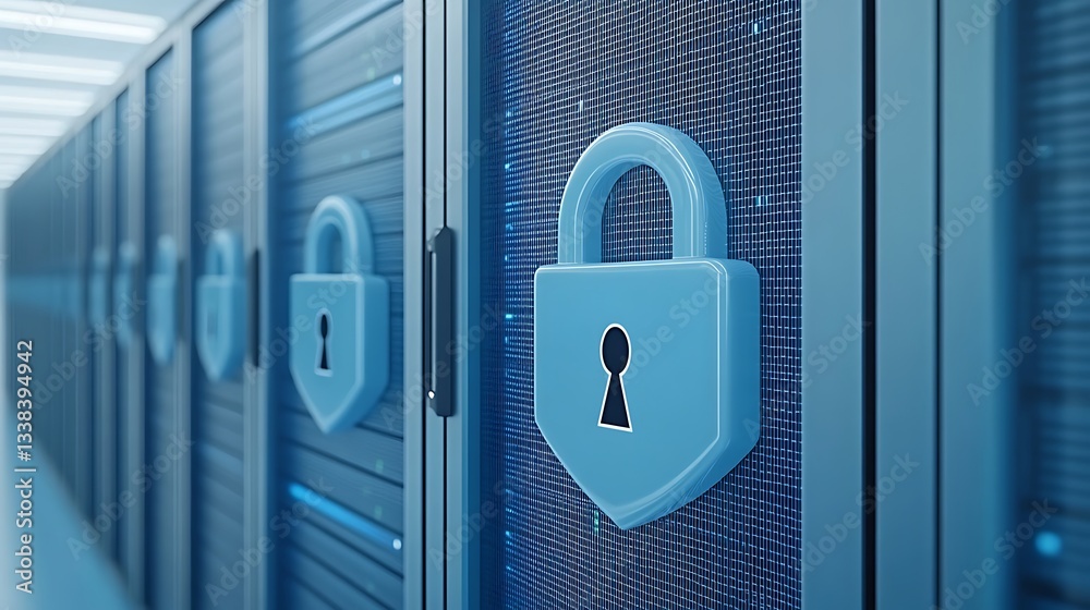 Poster security lock on server rack in data center with technology background and digital elements for cybe