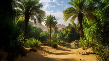 Oasis landscape with palm trees sand dunes and water pond in a desert scenic view for travel concept