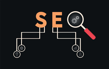 SEO Infographic with Magnifying Glass and Data Network on Dark Background. Editable image. Vector