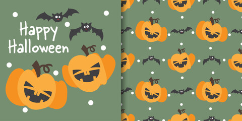 Halloween banner and seamless pattern of Halloween pumpkins with cute bats and Happy Halloween text on green background.