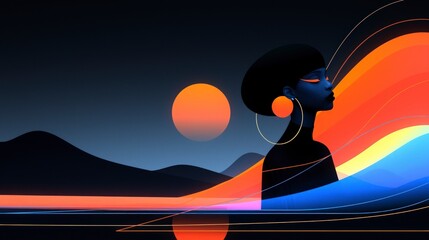Abstract Sunset Landscape with Woman Silhouette  Vibrant Colors  Bold Design