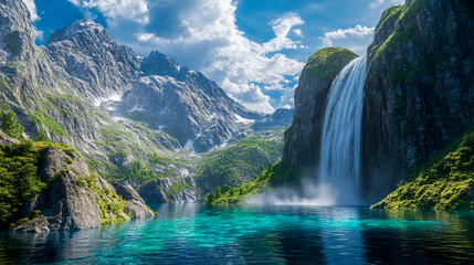 Beautiful waterfall landscape with mountains and turquoise water nature scenic travel destination 