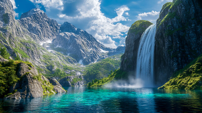 Beautiful waterfall landscape with mountains and turquoise water nature scenic travel destination 