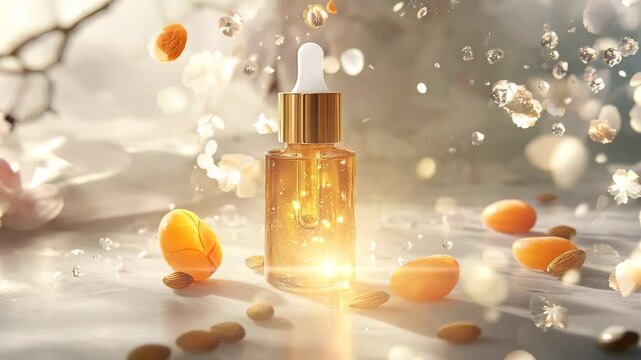 A radiant glass bottle of apricot and almond facial oil, infused with glowing golden particles, surrounded by fresh apricots, almonds, and sparkling water droplets. The soft lighting and elegant 