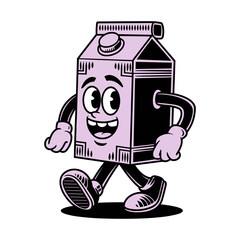 Happy retro character walking joyfully in playful doodle style illustration with cool purple color palette