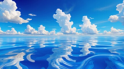 A vibrant and dynamic landscape unfolds, featuring a brilliant blue sky with puffy white clouds drifting lazily across it, reflected in the rippling blue water below, which appears in constant motion