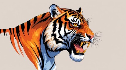 tigers head in side view, featuring a fierce and powerful expression, with warm orange accents and sleek black stripes that showcase its majestic fur, the tigers eyes blazing with intensity