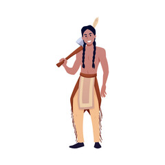 Native American Indian man in ethnic clothing with axe, vector cartoon tribal aborigine warrior or hunter with weapon