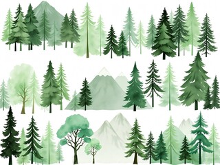 Watercolor Forest Landscape with Mountains - Green Trees and Nature Illustration