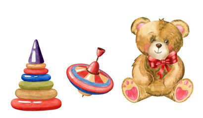 Set of watercolor children's toys isolated on white backgruond. Teddy bear, spinning top, pyramid. Children's Leisure, childhood