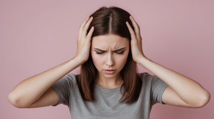 young woman with brown hair wearing a gray shirt. She is holding her hands on both sides of her head, expressing discomfort, stress, or possibly a headache. The background is a solid light pink color