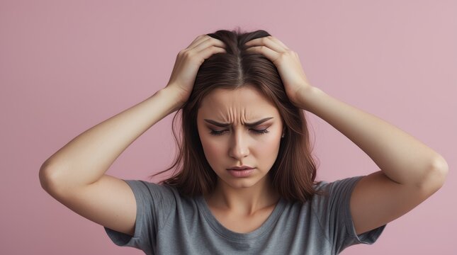 young woman with brown hair wearing a gray shirt. She is holding her hands on both sides of her head, expressing discomfort, stress, or possibly a headache. The background is a solid light pink color