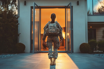 Female soldier returns home to embrace her new life in a modern house after completing duty