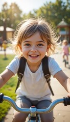 Obraz premium A smiling child joyfully riding a bicycle outdoors, with sunlight capturing their happiness and the lively atmosphere of a park.