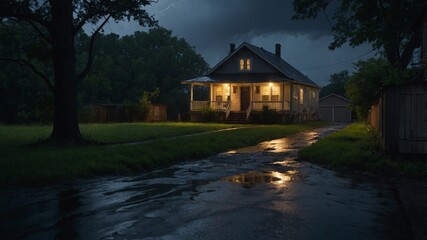 A fierce midnight storm rages outside a lone house, its windows faintly glowing in the darkness. The wind howls through trees, bending branches as sheets of rain pour down, blurring landscape