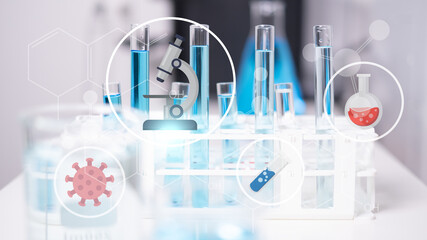 Laboratory test tube beakers with blue liquid science research chemistry chemical flask microscope virus bacteria icon