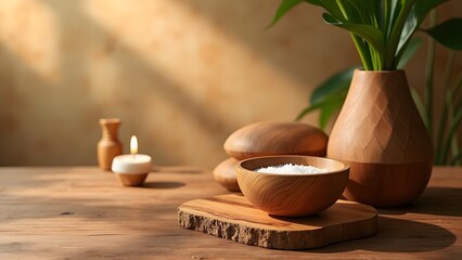 Harmonious Wood Table Art Serene Spa Vibes on Smooth Teak