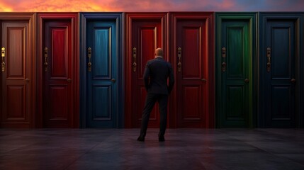 Fototapeta premium Businessman Facing Colorful Doors Choice Opportunity Future