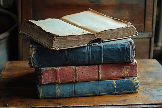 Stack of antique books with one open book resting on top creating a vintage reading display - Powered by Adobe