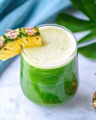 Refreshing Green Smoothie with Pineapple Garnish, Tropical Beverage for Health and Wellness