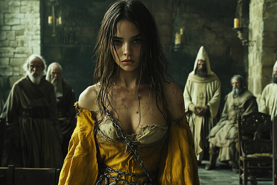 Young woman in rags stands before priests during witch trial in historical setting