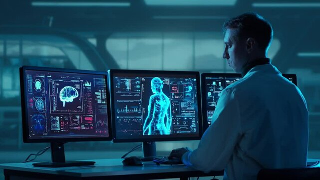 Doctor working at futuristic office, multiple monitors displaying medical images, data and body scans.