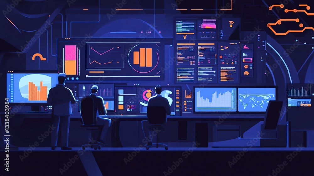 Poster engineers monitoring a real-time automated production dashboard.
