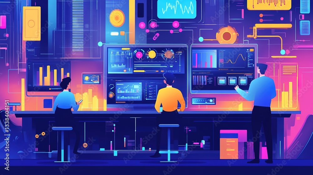 Poster engineers monitoring a real-time automated production dashboard.
