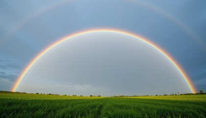 Naklejka premium A vibrant double rainbow arcs over a lush green field under a blue sky, showcasing the beauty of nature after rainfall.