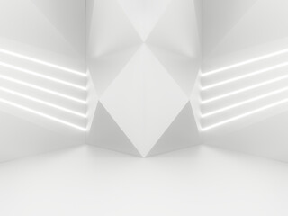 3D white geometric background with neon lights. White backdrop