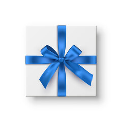 White box with blue ribbons and bow. Blue wrapping decoration on transparent background. Gift box decoration. Realistic 3d vector illustration.