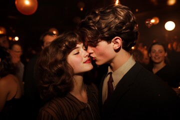 Young couple shares a romantic kiss at a dimly lit party with balloons and laughter in the background