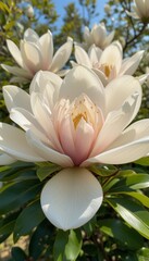 Fototapeta premium Close-up of large, white magnolia flowers in full bloom, showcasing delicate petals and rich green leaves, evoking freshness and beauty.