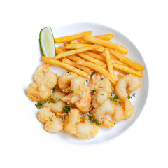 Delicious Fried Shrimp and French Fries with Lime Wedge on White Plate