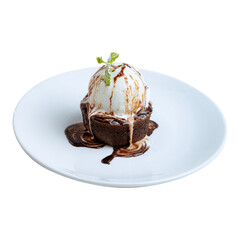 Chocolate brownie with vanilla ice cream and chocolate sauce