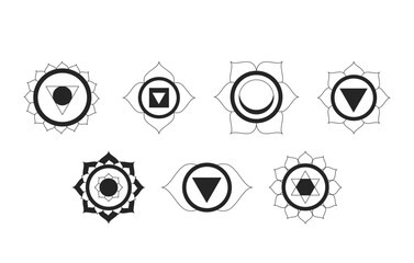 Seven chakra symbols 2D line objects set. Spiritual sacred geometry. Holistic alternative healing energy centers isolated cliparts vector ink outline items. Monochrome spot illustrations collection