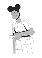 Black woman in checkered dress holding lit candle 2D line character. Self care. African american female with candlelight isolated vector ink outline person. Monochromatic spot illustration