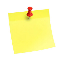 Yellow sticky note with red pushpin, isolated on clean white background. Ideal for office, organization, reminders, and productivity themes