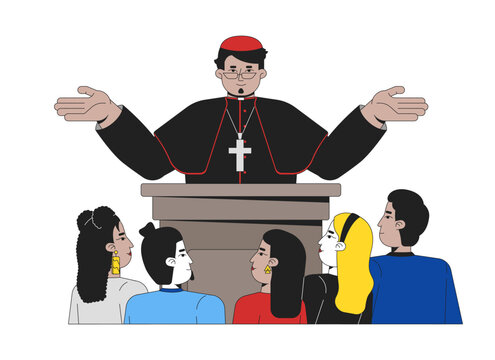 Theocracy and religious governance 2D illustration concept. Church power. Clergyman podium. Cardinal priest political sermon cartoon characters isolated on white. Flat abstract vector graphic