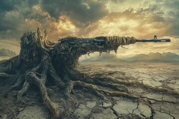 Obraz premium Surreal landscape with tree stump transforming into rifle, barren cracked earth, dramatic sky, concept of war and nature conflict, environmental impact, Earth Day reflection